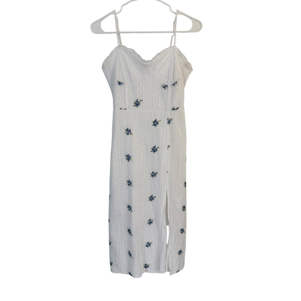 Kirious White Blue Floral Embroidered Eyelet Midi Dress Size M